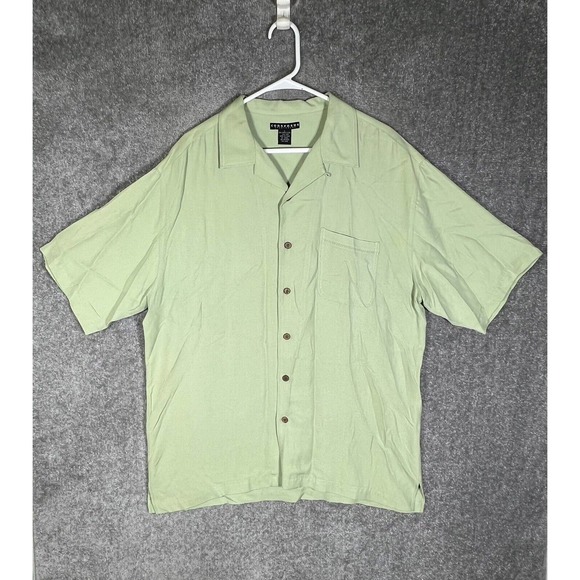 Consensus Sportswear Silk Short Sleeve Button Up Shirt Mens Large Green Pocket - Picture 1 of 14